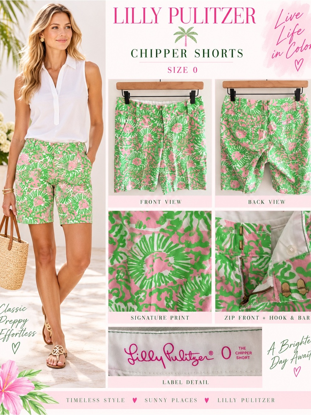 Lilly Pulitzer Chipper Shorts Size 0 Pink Green Floral Preppy Resort